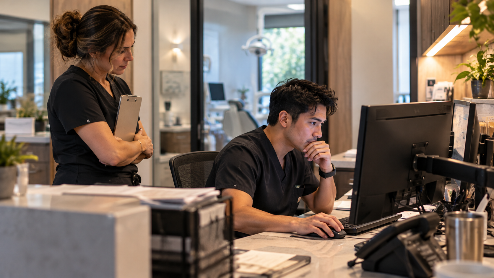 Dental office team member independently reviewing a computer task while a colleague observes without intervening.